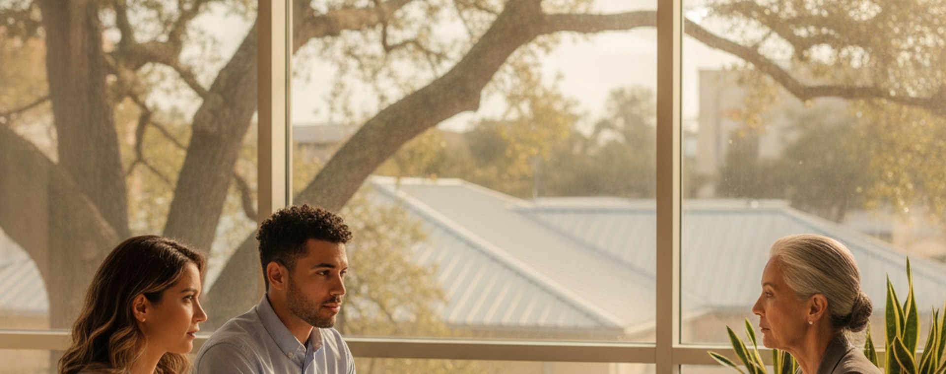 A meeting at a table beside large windows showing oak trees and Tampa rooftops
