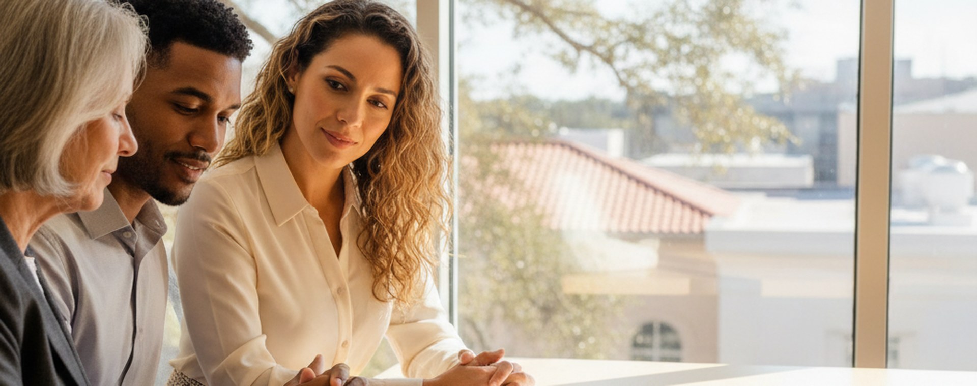 Two people with an attorney at a table beside windows showing oak trees and Tampa rooftops, a folder of documents open