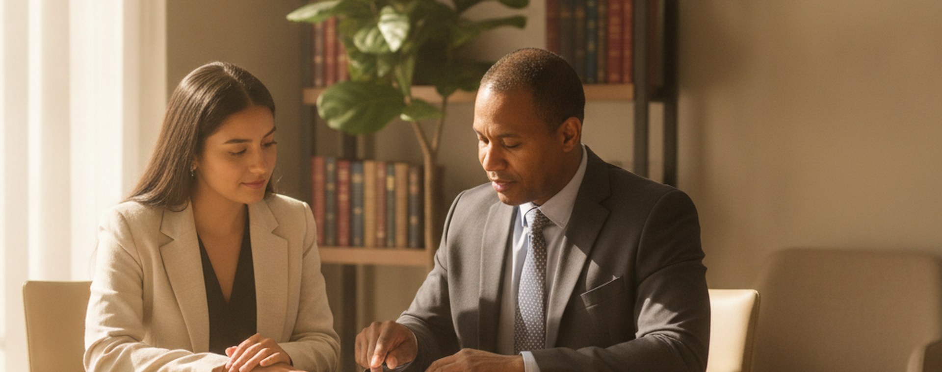 An attorney pointing to a line on a page for a young adult seated beside them