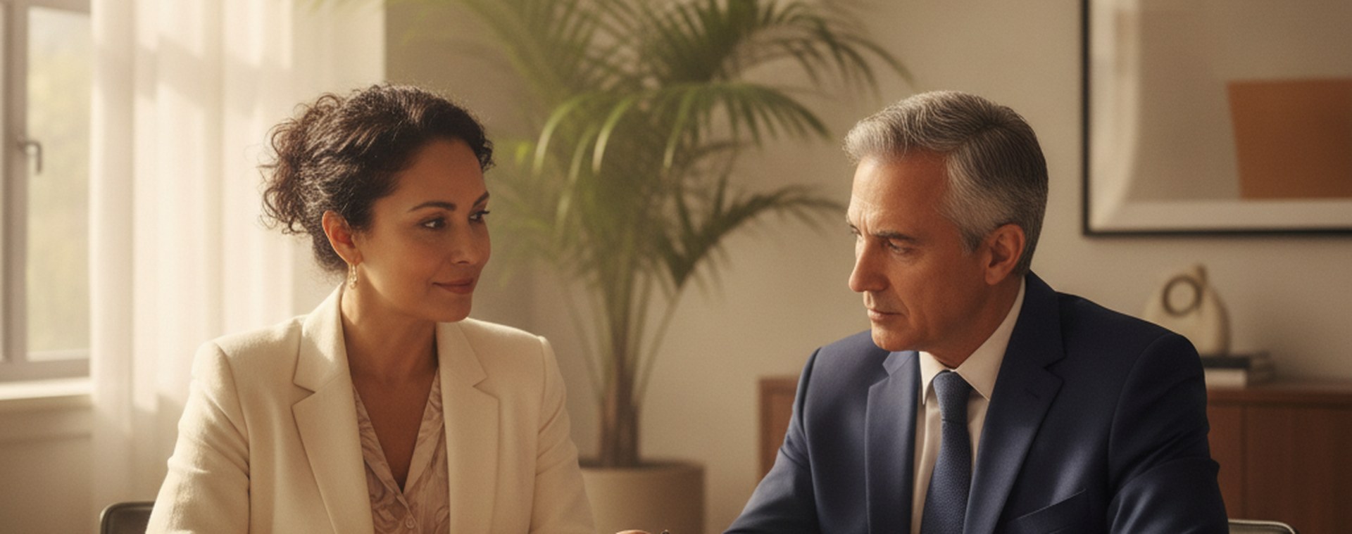 A woman listening as an attorney explains a page to her across a bright table