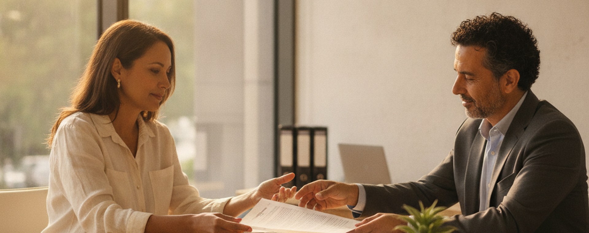 An attorney passing a form across a desk to a woman in a bright office