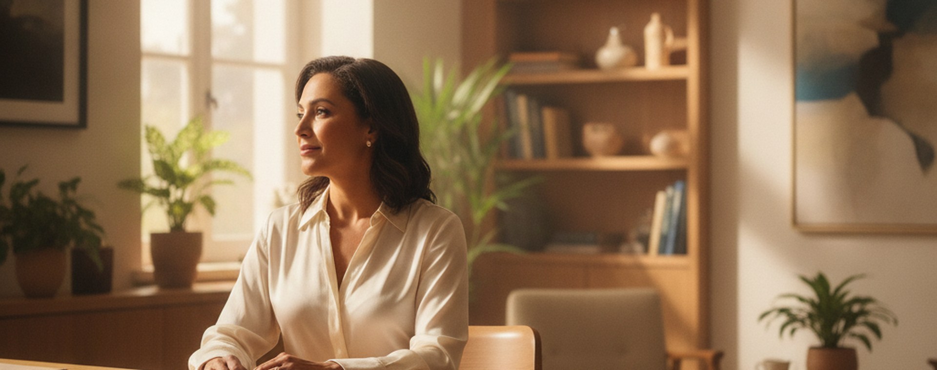 A woman sitting alone and composed in a bright private office, a closed folder in front of her