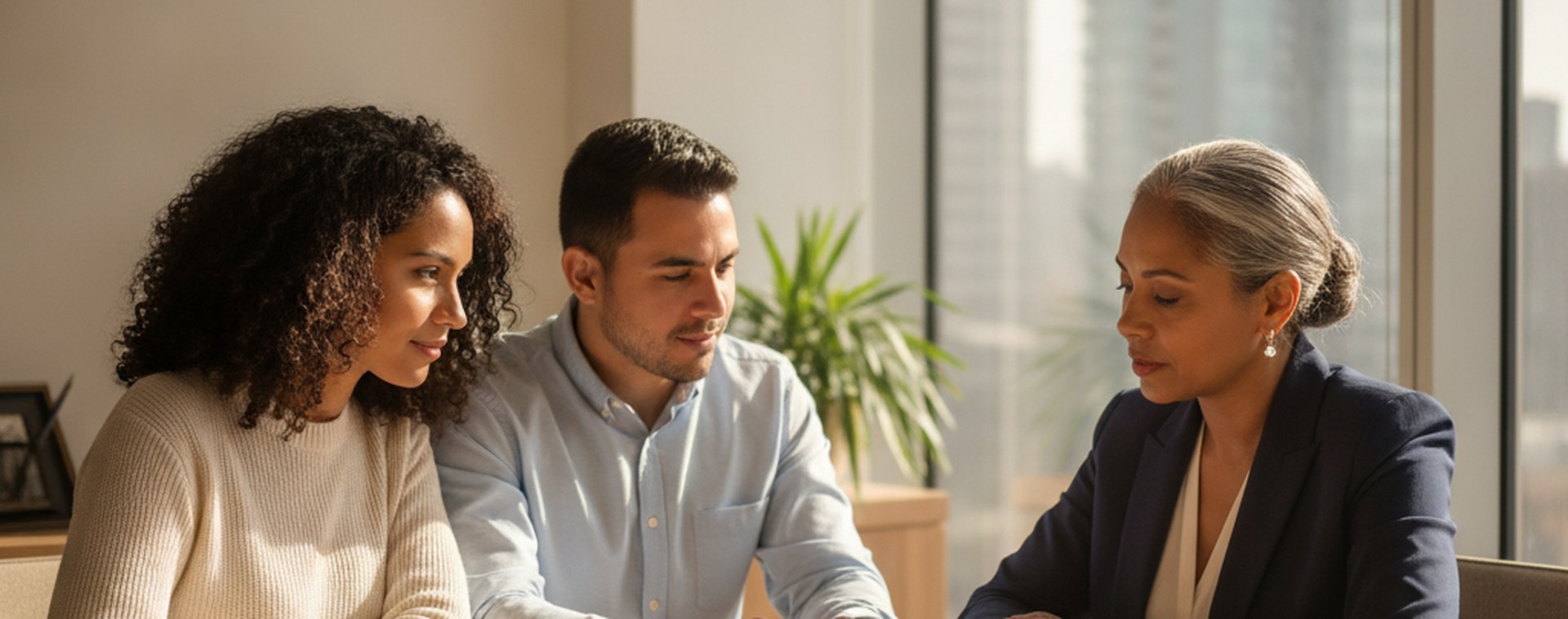 A couple reviewing a folder of documents together with an attorney at a sunlit table
