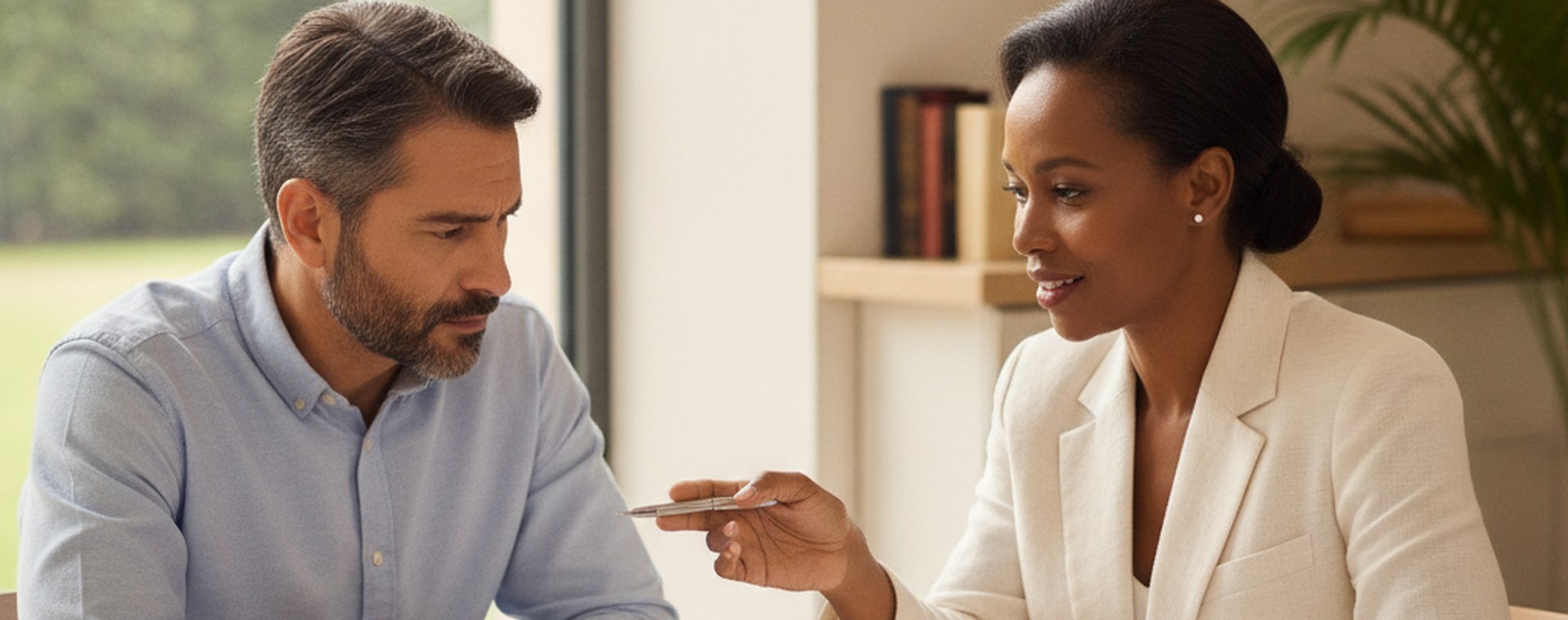An attorney explaining a statute to a client at a bright table, a law book open