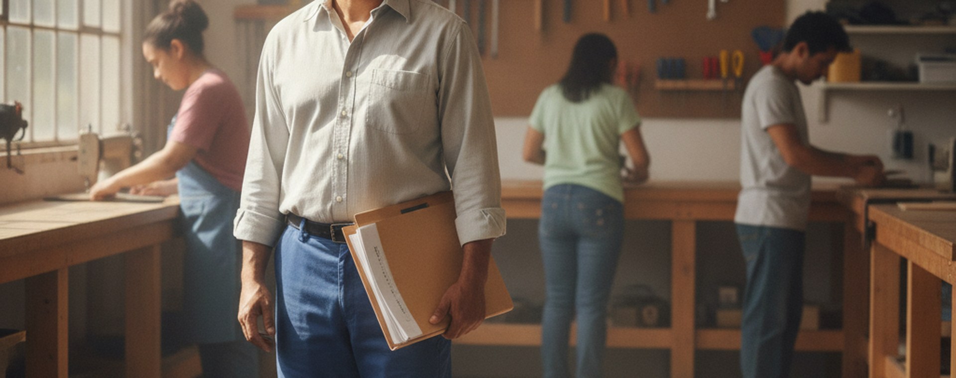 A man in work clothes holding a document folder in a bright workshop interior