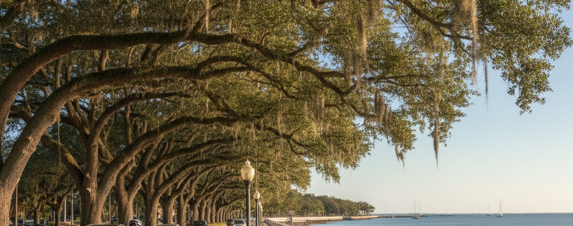 A cyclist riding in a marked bicycle lane on a sunlit Tampa road, seen from behind at a distance