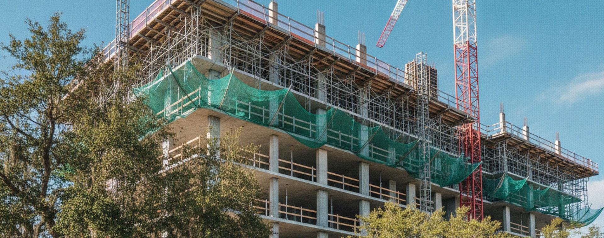 A mid-rise under construction in Florida against a bright sky, tower crane and scaffolding, seen from street level