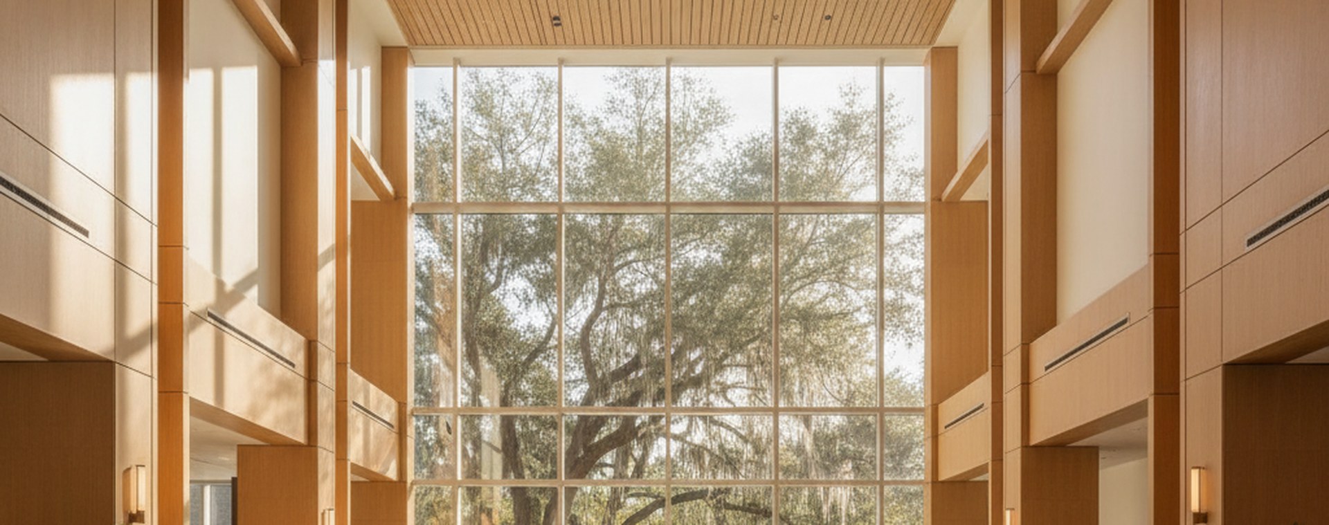 A bright, empty hospital lobby in Tampa with tall windows and live oaks visible outside