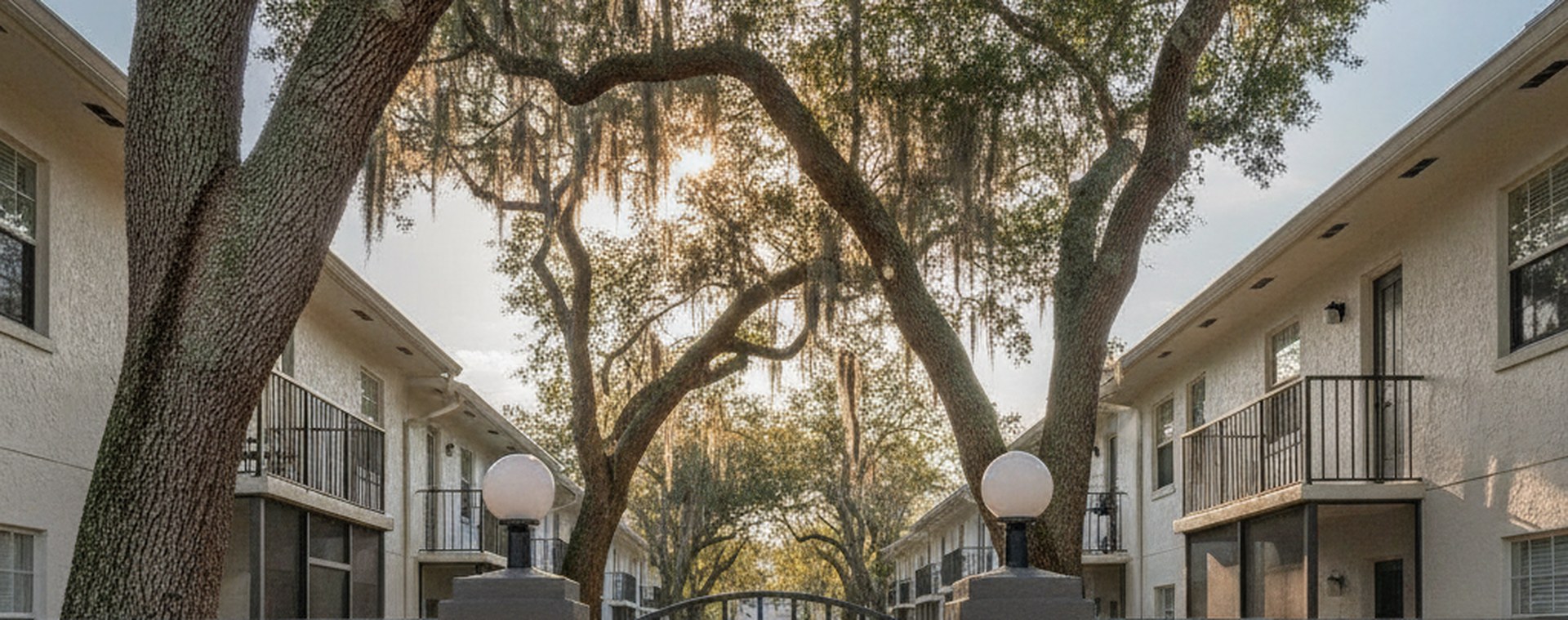 An apartment complex walkway in Tampa in late afternoon light, live oaks overhead, lamp globes along the path