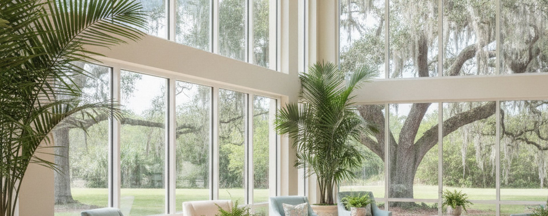 A bright, empty common room in a Florida senior living residence, live oaks visible through tall windows