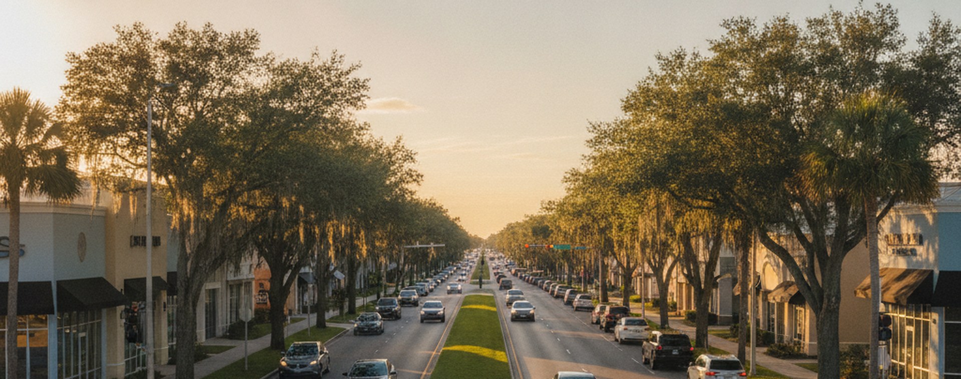 A wide six-lane Tampa boulevard at golden hour with a marked crosswalk and pedestrian signal in the foreground and the next traffic light far away