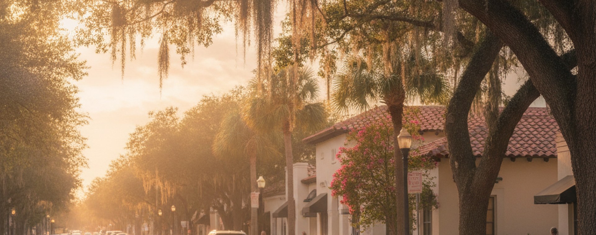 A sedan waiting at a marked curbside pickup zone on a Tampa street at dusk, hazard lights on, ordinary traffic passing