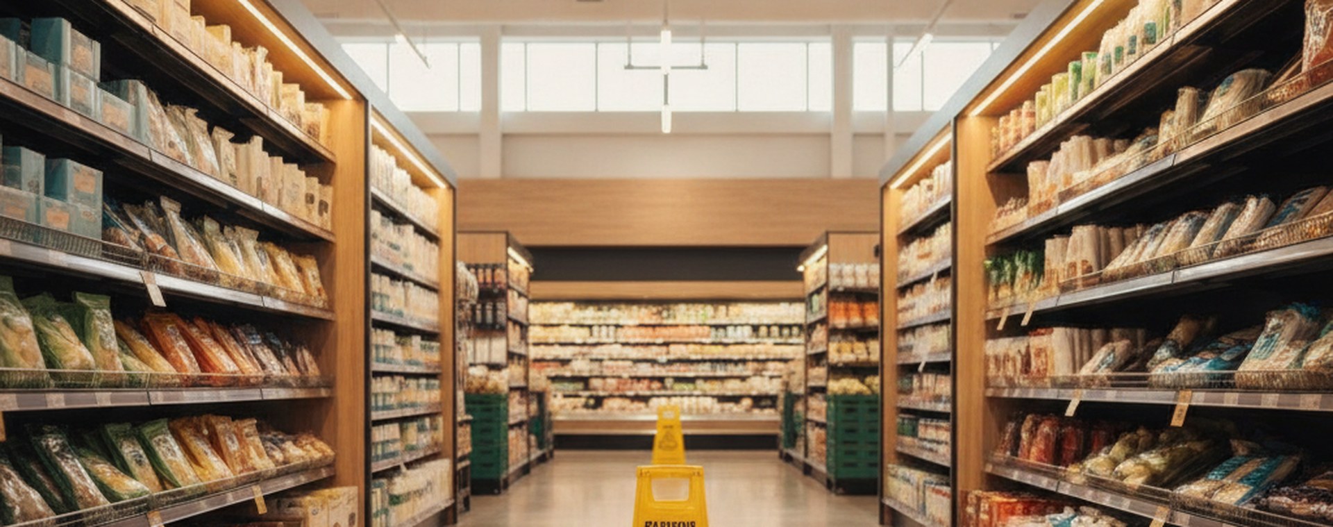 A bright wide aisle in a modern Florida store with a clean polished floor and a yellow wet-floor cone standing alone mid-aisle