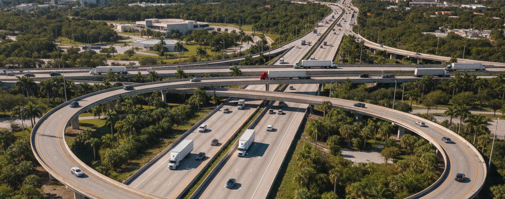 A major Florida interstate interchange in bright daylight with stacked curving ramps and freight traffic flowing through