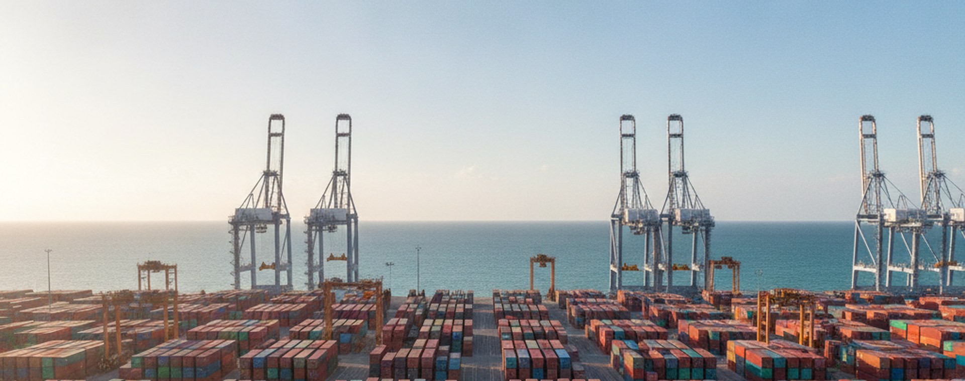 A working container terminal in Florida under clear daylight, gantry cranes and stacked containers, water beyond